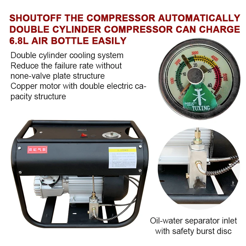 Imagem -03 - Tuxing Txed012 300bar 4500psi Pcp Compressor de ar o Compressor de ar de Parada Automática para Mergulho 068l Rifle de ar do Tanque de Alta Pressã