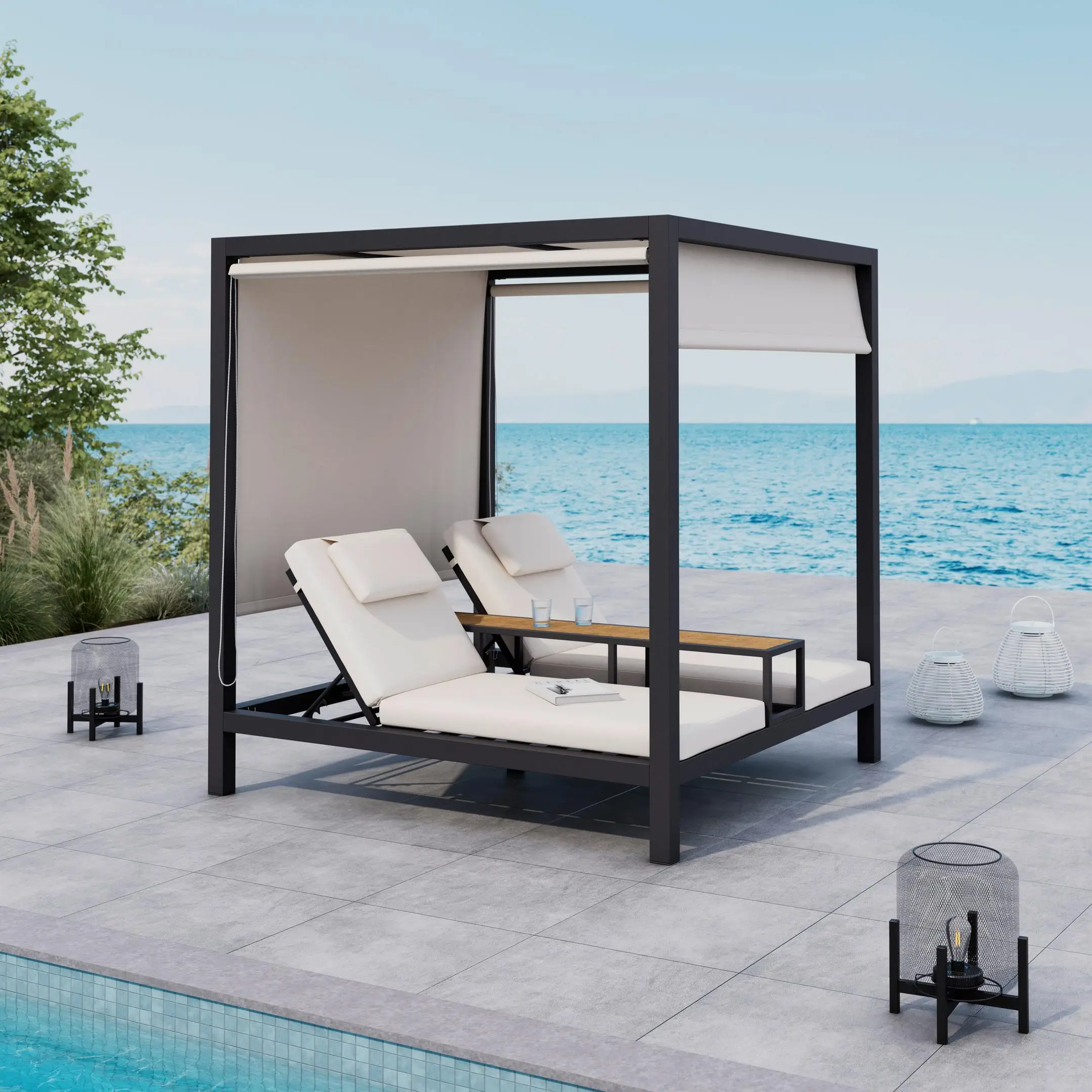 

Hotel Garden Swimming Pool Daybed Outdoor Furniture Sun Bed Lounger Cabana Tent Aluminium Frame Canopy Bed