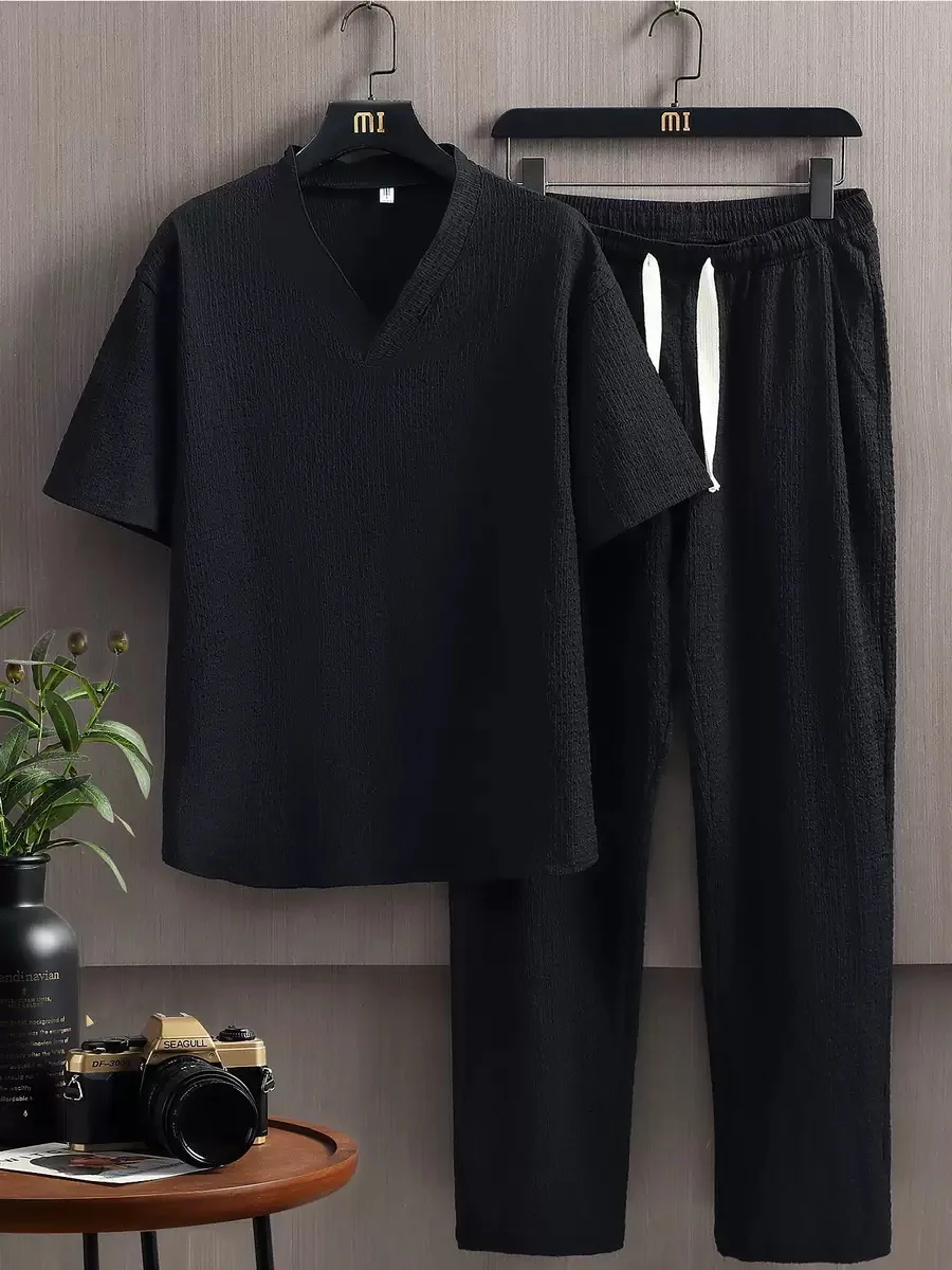 Summer Fashion Sports Fitness Linen Short-Sleeved T-shirt Set For Men Loose and Comfortable Breathable Large Size Two-Piece Set