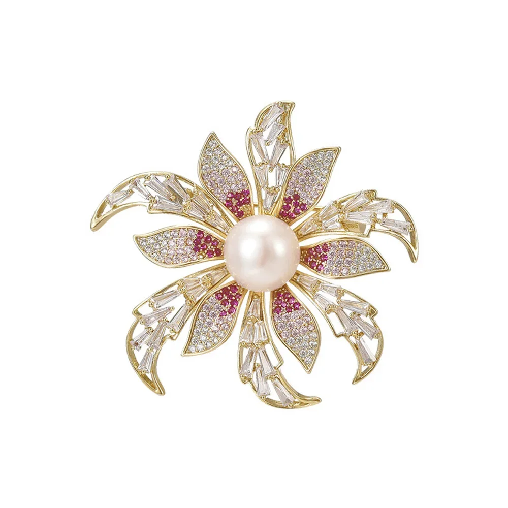 Fashion Retro Gold Plated Micircon Orchid Brooch Personality Women's High-end Natural Freshwater Pearl Pin Clothing Accessories