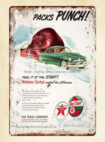 1951 Ad Texaco Sky Chief Gasoline Volatane Dealers Star Theater Milton metal tin