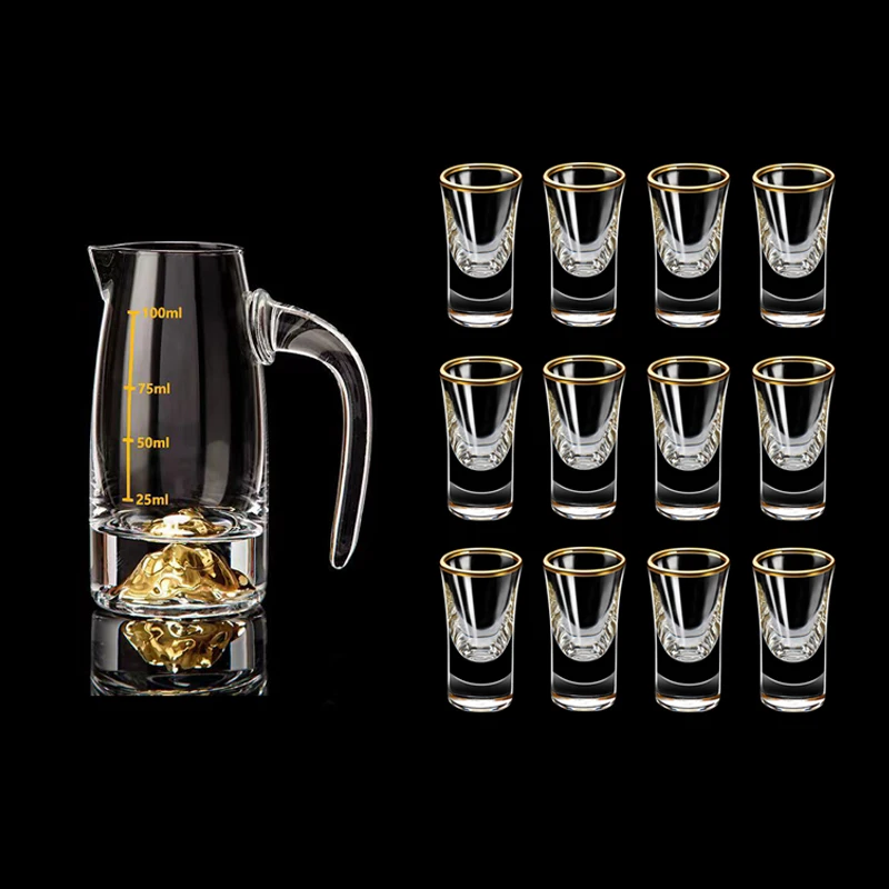 

12pcs Sets 25ml Spirits Cup Golden Edged Small Wine Cup 100ml Baijiu Dispenser Golden Mountain Shaped Wine Pot Luxury Glassware