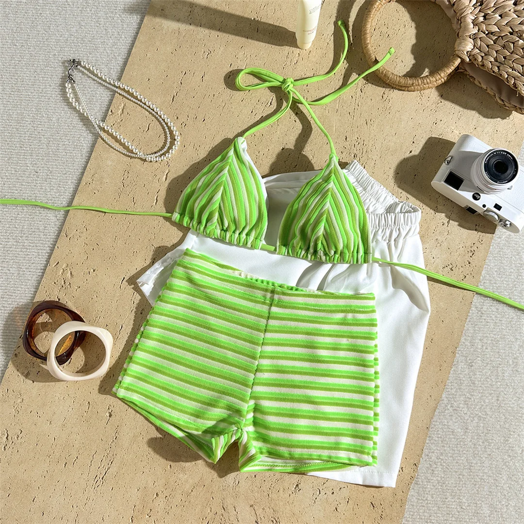 Neuer gestreifter Neckholder-Bikini mit hoher Taille, Damen-Badeanzug, zweiteiliges Bikini-Set mit Shorts, Badebekleidung, Badeanzug, Schwimmanzug V7825 – Detail 31