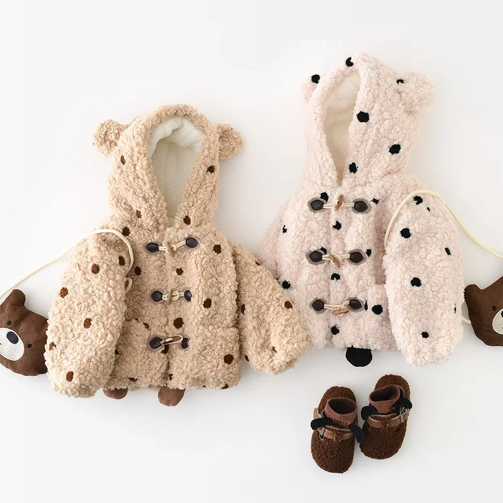 

2025 Autumn Winter Children's Coat Bear Ear Hooded Jacket with Bag Kids Polka Dot Toggle Button Outerwear Warm Fleece Clothing
