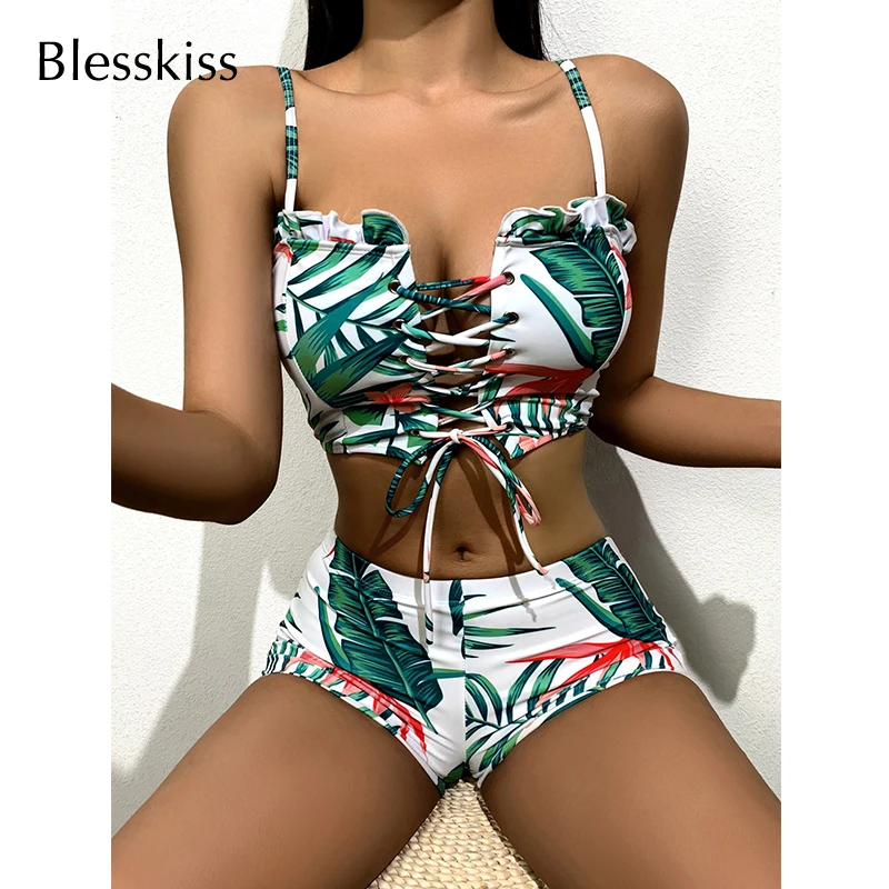 

BLESSKISS Sexy Lace-up Bikini 2023 Women Swimwear Two Piece Printed Tropical Bandage Bikini Set With Shorts Mid Waist Swimsuit