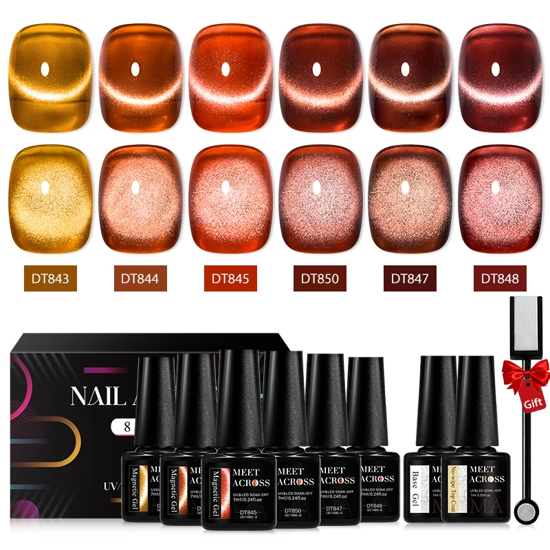 MEET ACROSS 8 pièces/ensemble 9D arc-en-ciel chat vernis à ongles Gel magnétique avec bâton magnétique et boîte tremper Nail Art Gel vernis manucure