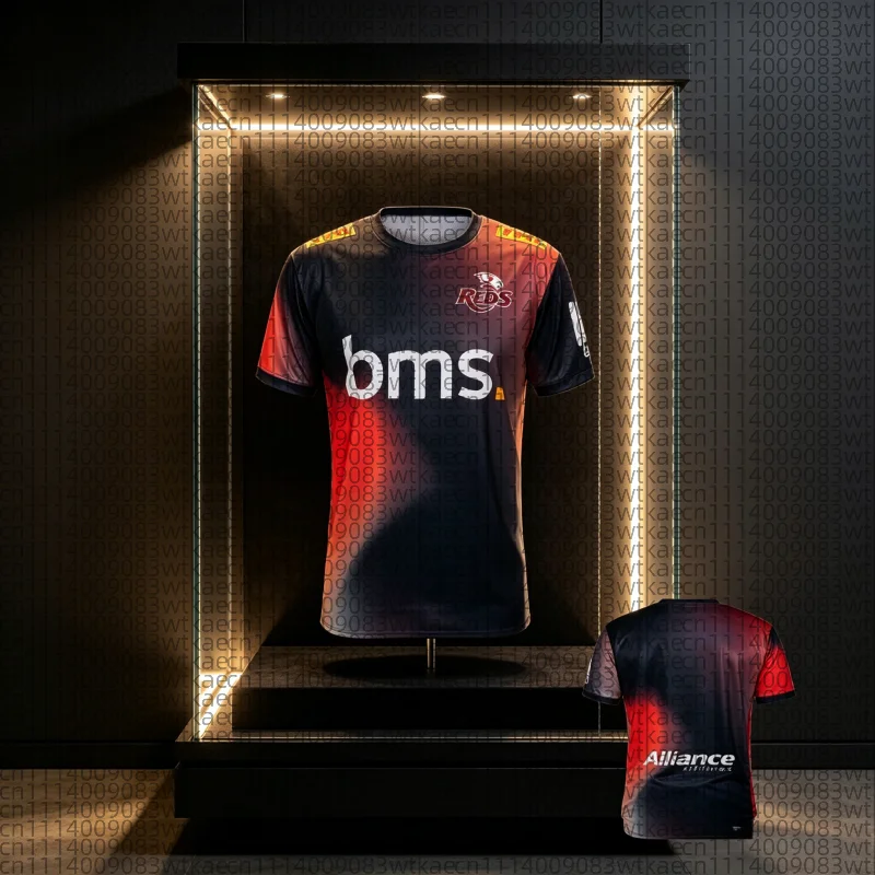 Camisa de Rugby Unissex Queensland Reds 2026 Preta com Gradiente Vermelho para Homens e Mulheres, Leve e de Secagem Rápida para Treino