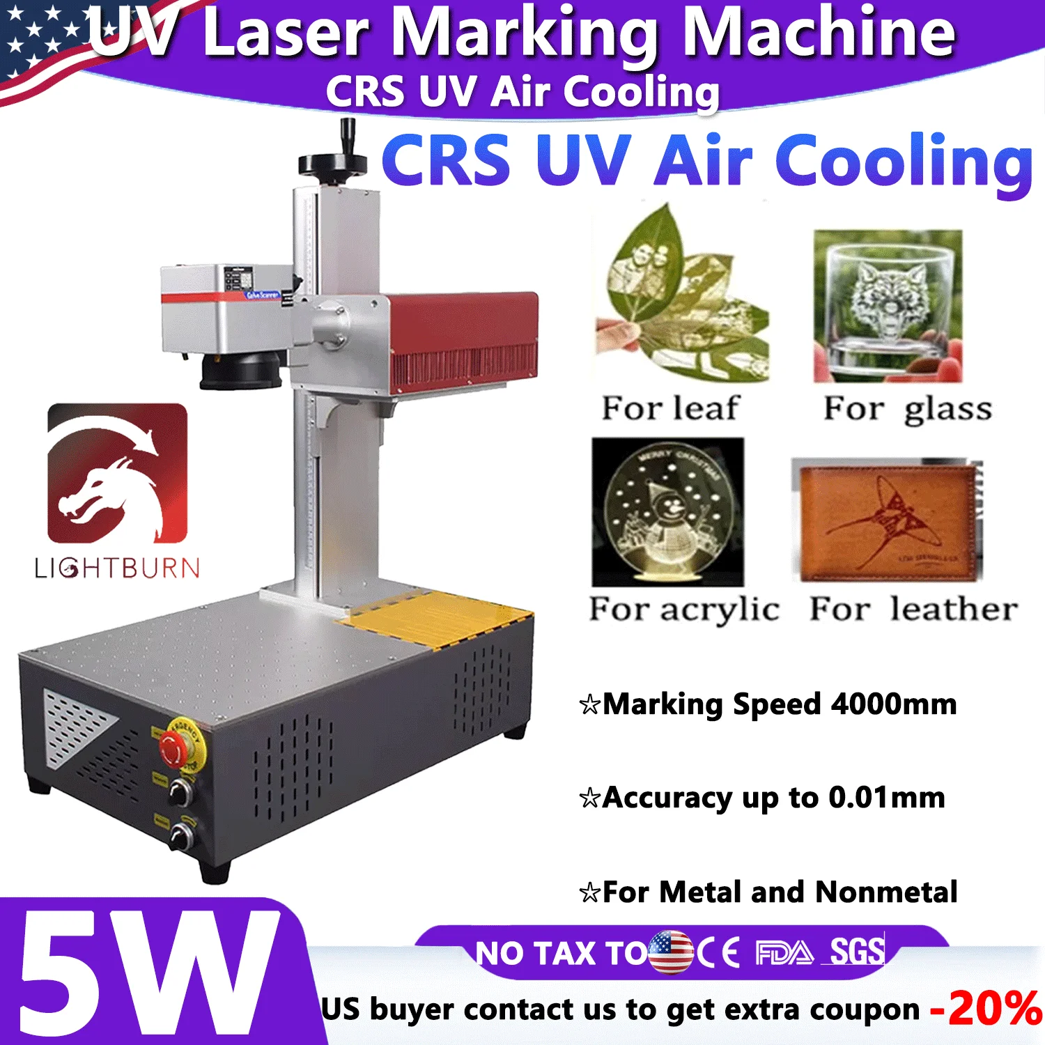 

Портативный УФ-лазерный гравер-маркиратор 5 Вт CRS с воздушным охлаждением, волоконный УФ-лазер для стекла, хрусталя, металла, пластика, ПВХ, дерева, акрила