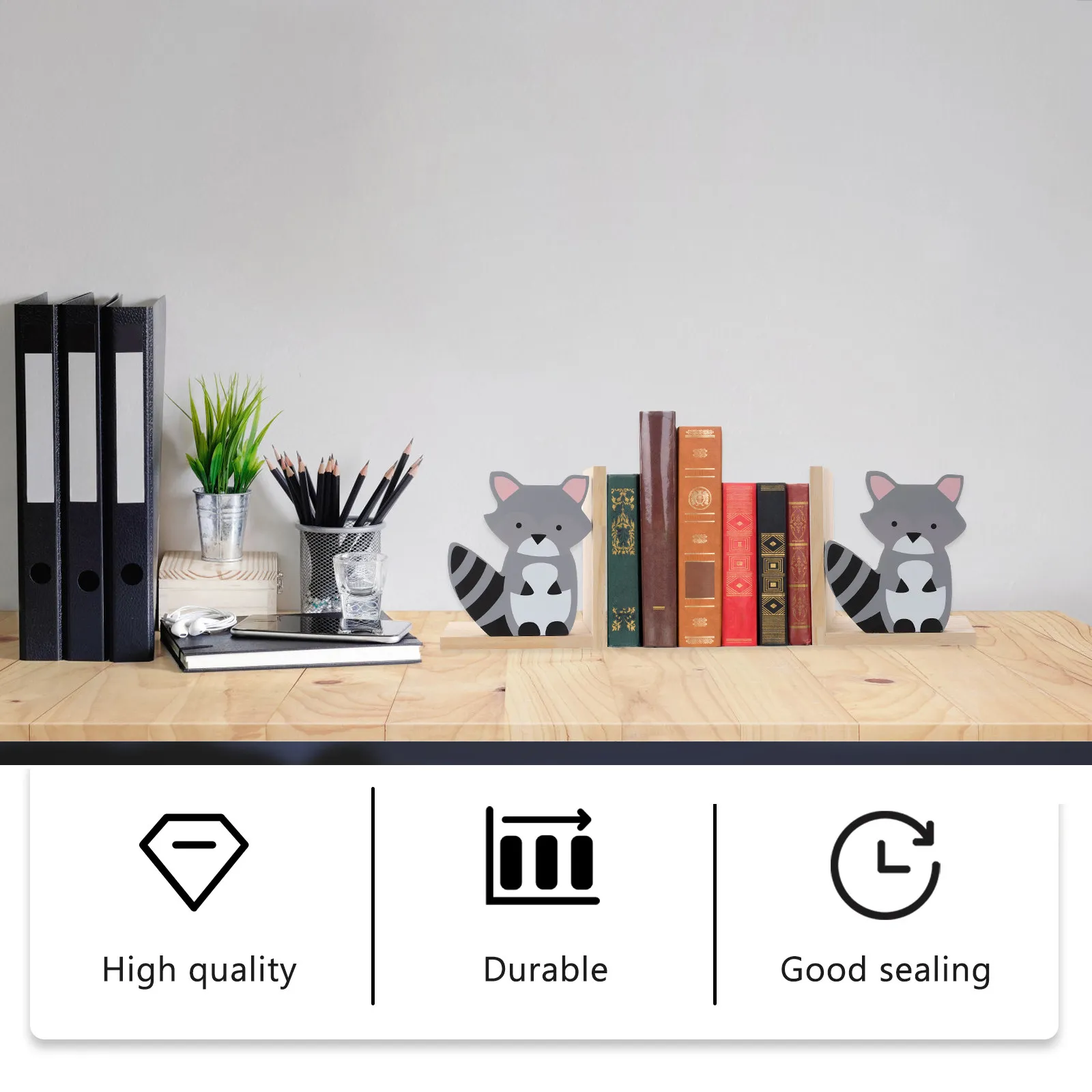 

1Pair Natural Wood Raccoon Bookends Stylish Desktop Book Holder for Books Magazines Cds Organization Bookends for Office