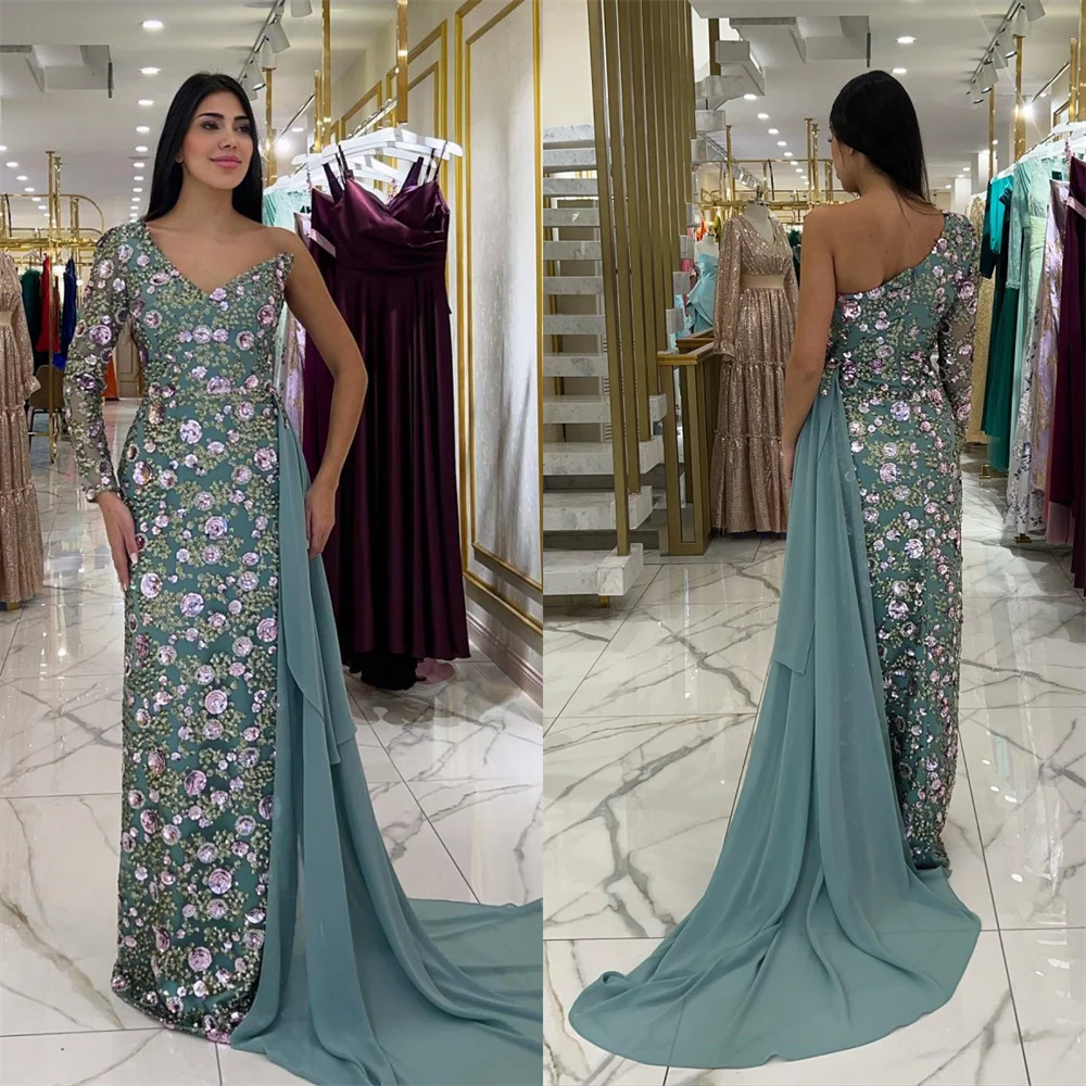 

Formal Gown Evening Prom Dress Dearin One-shoulder Column Floor Length Skirts Open Back Sequin Vertically Applique Bead Bespoke