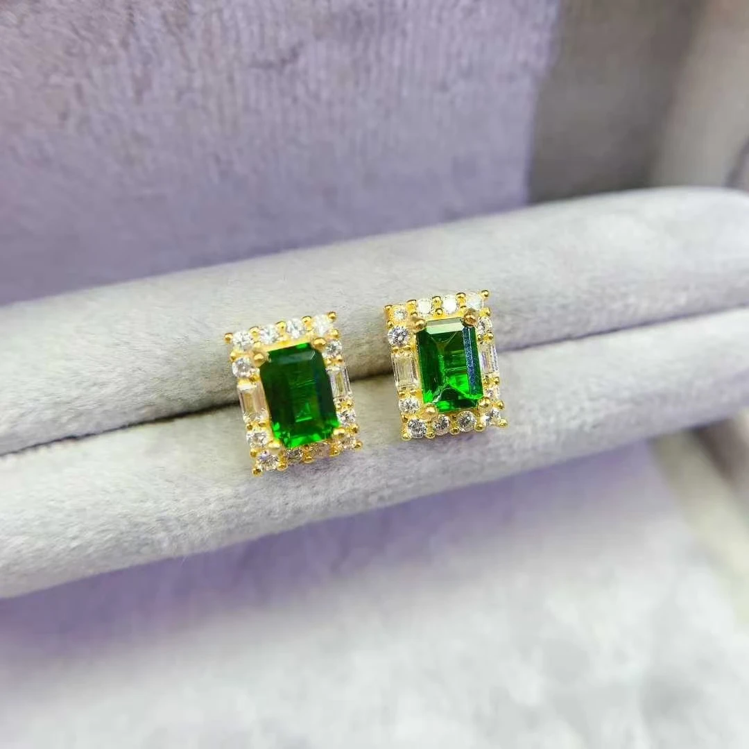 

925 Silver Gemstone Stud Earrings Natural Chrome Diopside Earrings 4mm*6mm 1.2ct Genuine Russian Diopside Jewelry