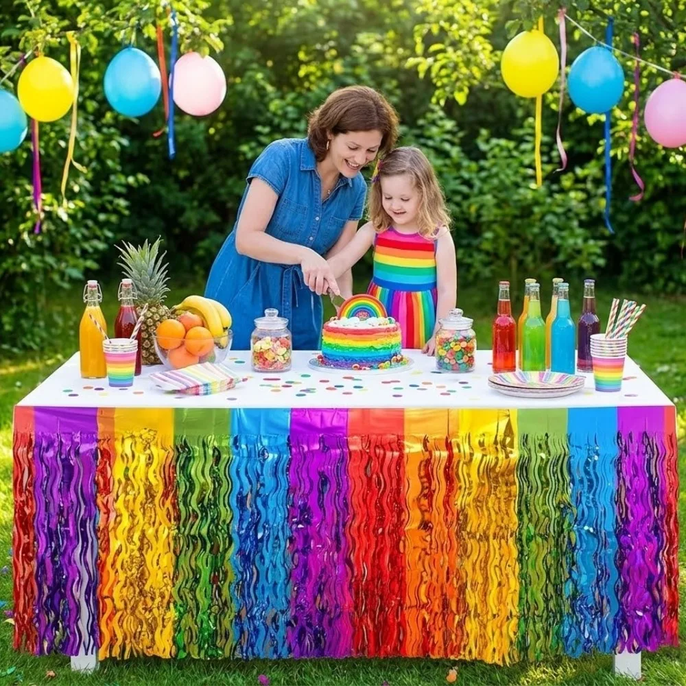 2Pack Rainbow Wavy Metallic Tinsel Table Skirts - Foil Fringe Party Decor for Birthday Wedding Carnival Bridal Party Decorations