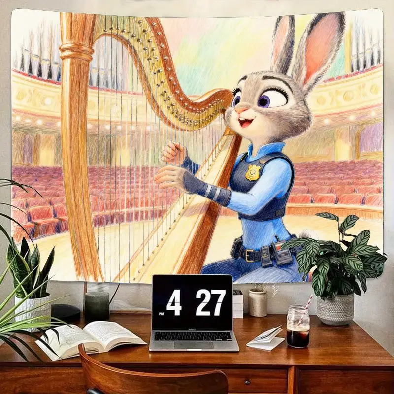 

1 шт. Зоотопия Джуди Хопс играет в арфу гобелен, художественный мультяшный кролик настенное искусство для гостиной, спальни, общежития, декор, подарок для фанатов