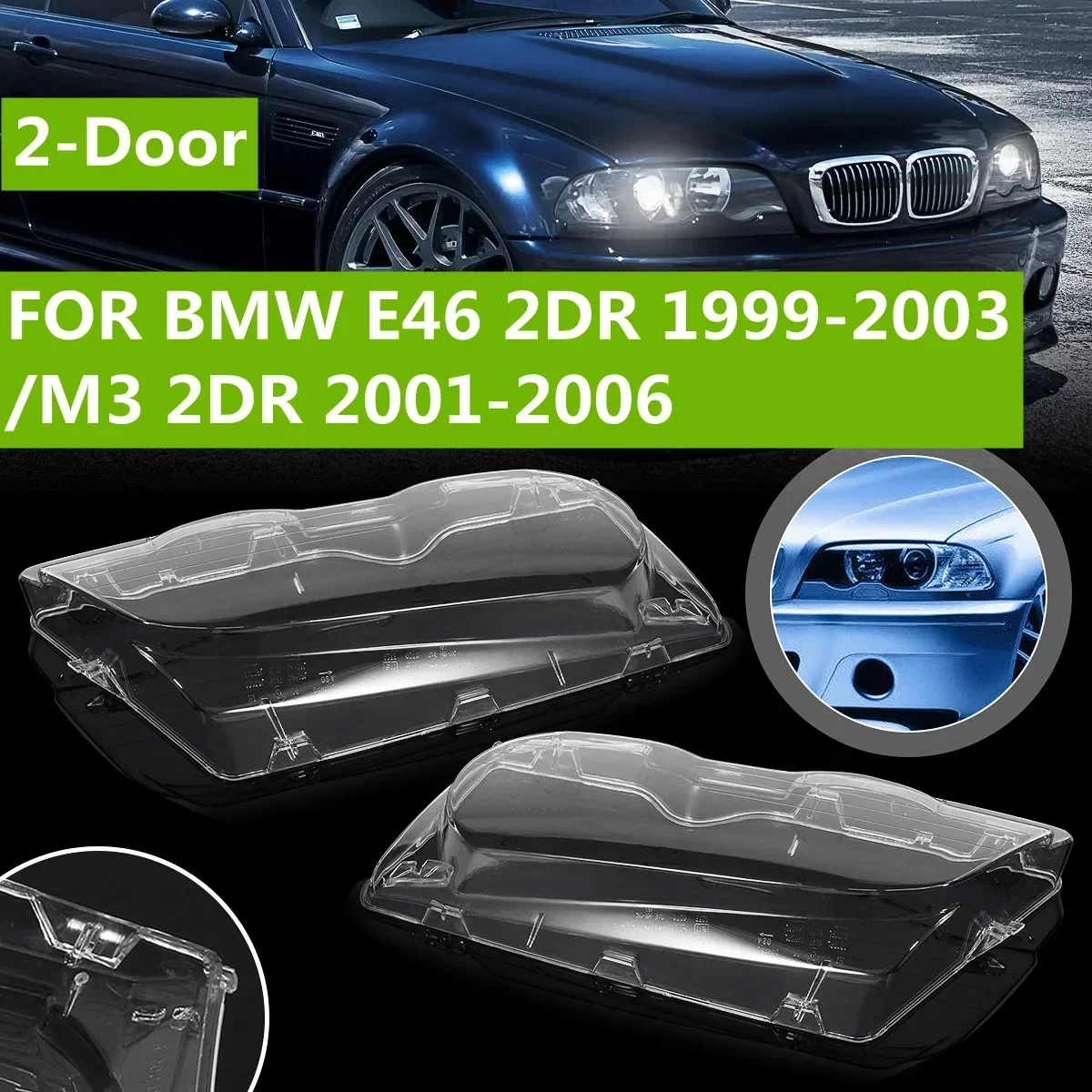 RM-CAR 2 Door Headlight Lens Cover For BMW 3 Series E46 2DR 1999-2003 M3 2001-2006 Headlight Lens Lampshade Headlamp Clear Shell