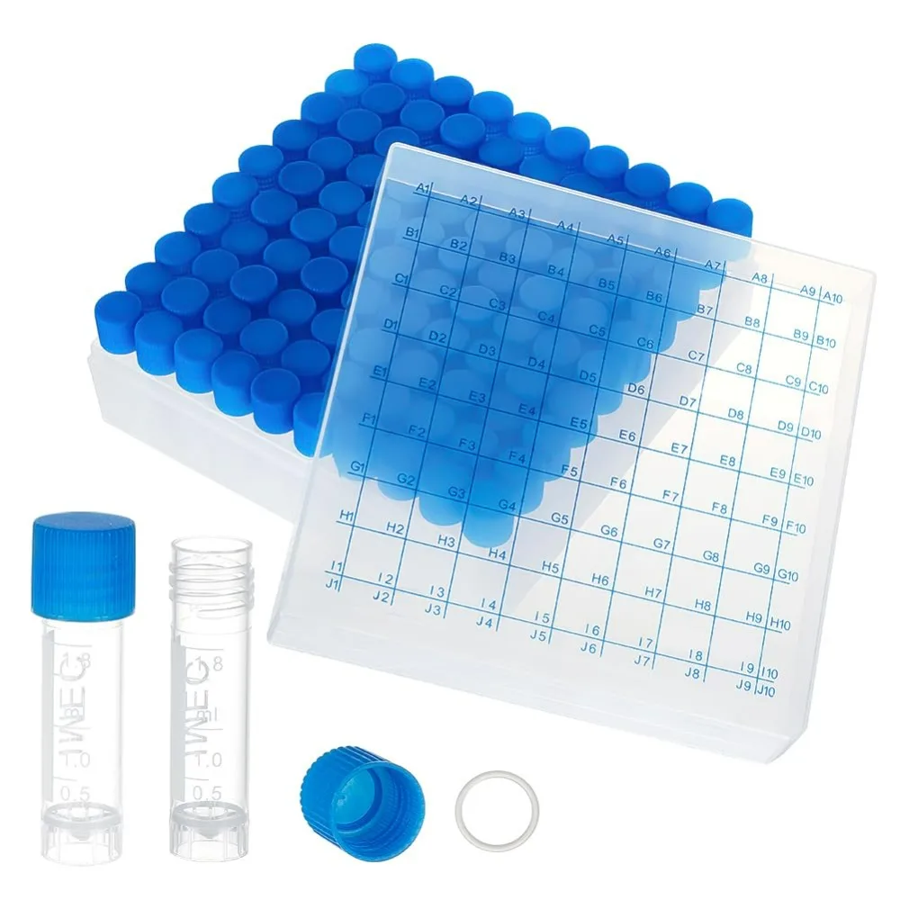 100Pcs 1.8ml Cryo Tubes Plastic Vials with Screw Caps Small Sample Tubes Test Tubes with Storage Box Plastic Freezing