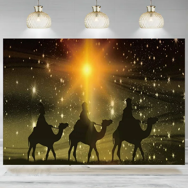 Allenjoy Christmas Backdrop Three Kings Desert Camel Starlight Holy Night Photographic Background Yellow Banner Photo Props