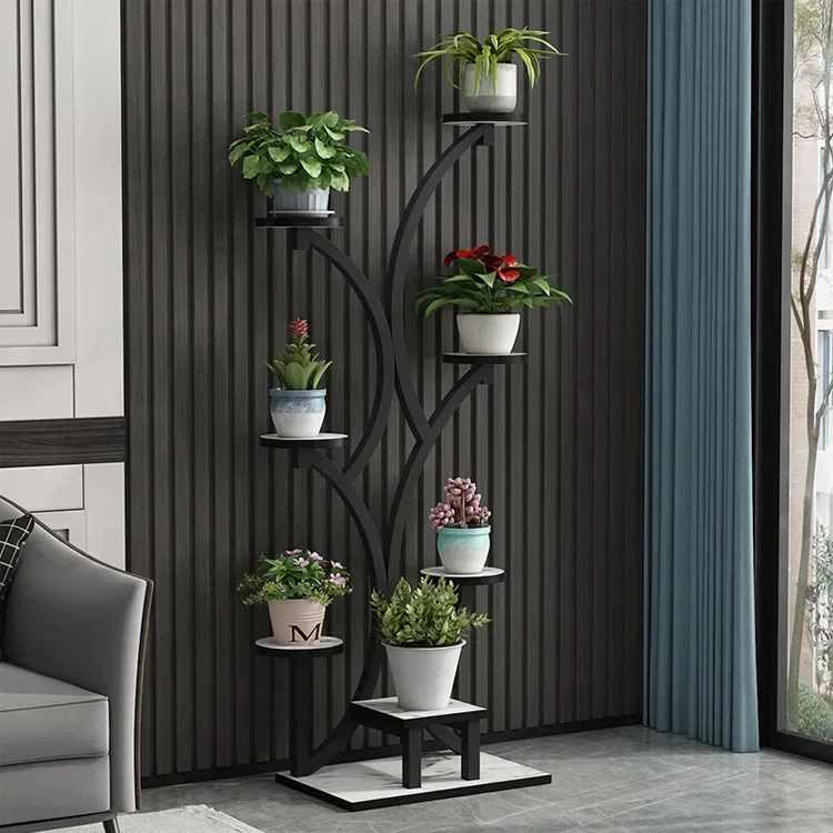 Nordic Style Indoor Metal Plant Display Stand 7 Tire 58 Inch Tall Black Flower Pot Shelf