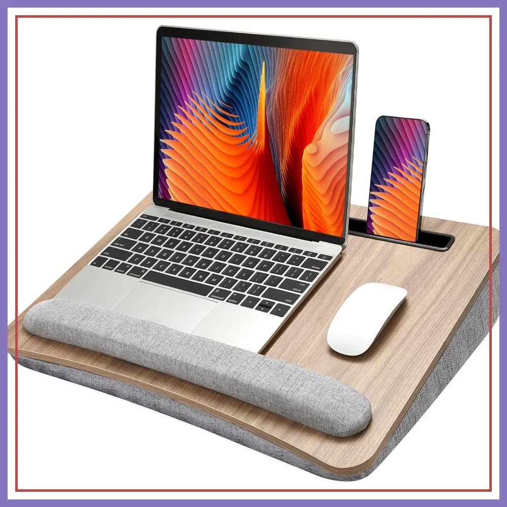 Portable Laptop Lap Desk with Cushion, Fits 17 inch, Anti-Slip Strip, Storage Pocket for Home Office