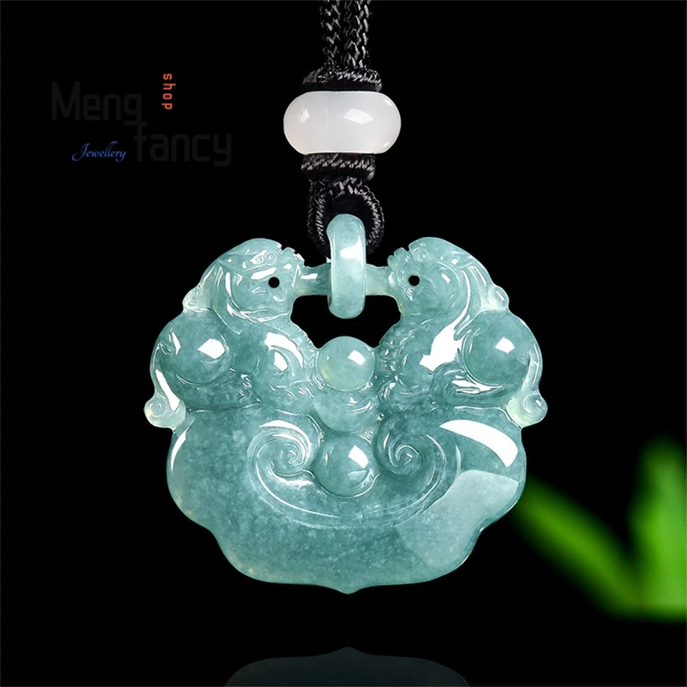 

Natural A-Grade Ice-Type Blue Water Jadeite Double Pi Xiu Lucky Pendant Luxury Quality Fashion Jewelry Exquisite Elegant Charms