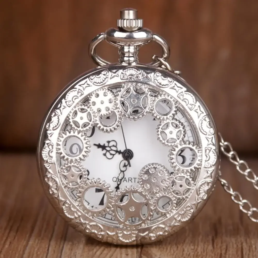 

New Antique Silver Quartz Pocket Watch Vintage Gear Hollow Necklace Pendant Unisex Clock with Fob Chain Women Men Gifts CF1091