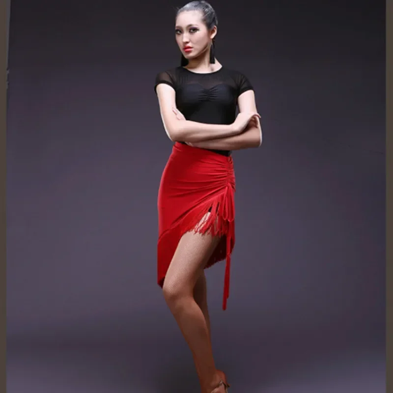 New Irregular Red And Black Tassel Sexy Skirts Female Practice Performance Wear Half Skirt Latin Dance Costumes MN9