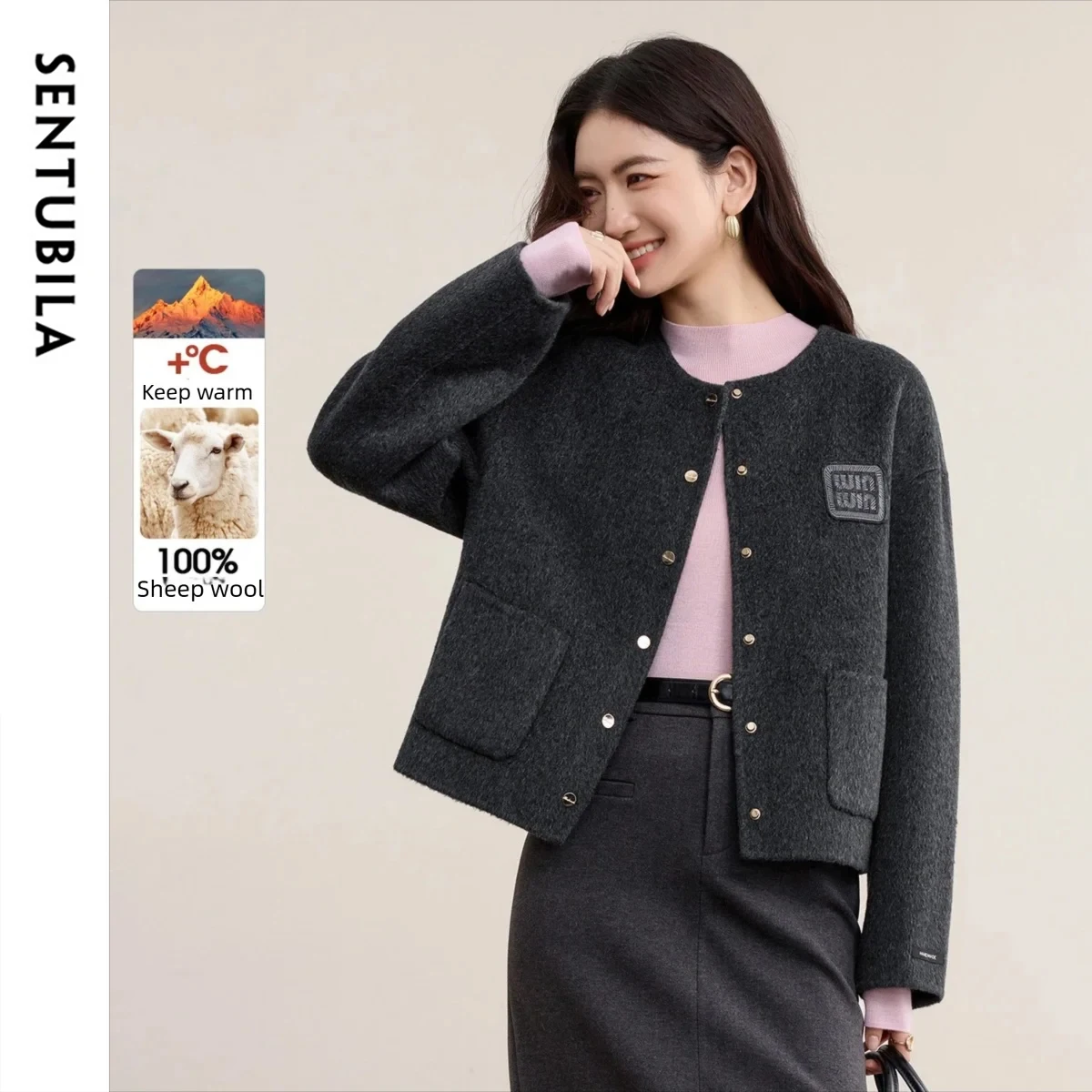 

SENTUBILA женское двустороннее твидовое пальто из 100% шерсти, зима 2025 года, повседневный пригородный топ с круглым вырезом контрастного цвета, W54OF8761