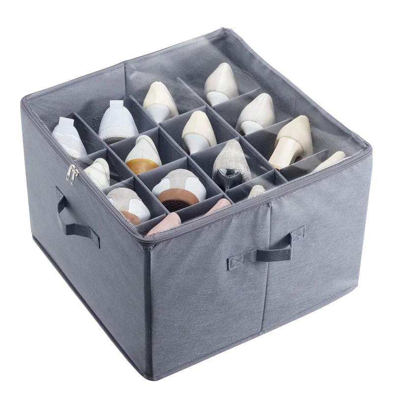 Under Bed Shoe Organizer with 16 Compartments, Adjustable Dividers, Clear Window, Breathable Material, Reinforced Handles