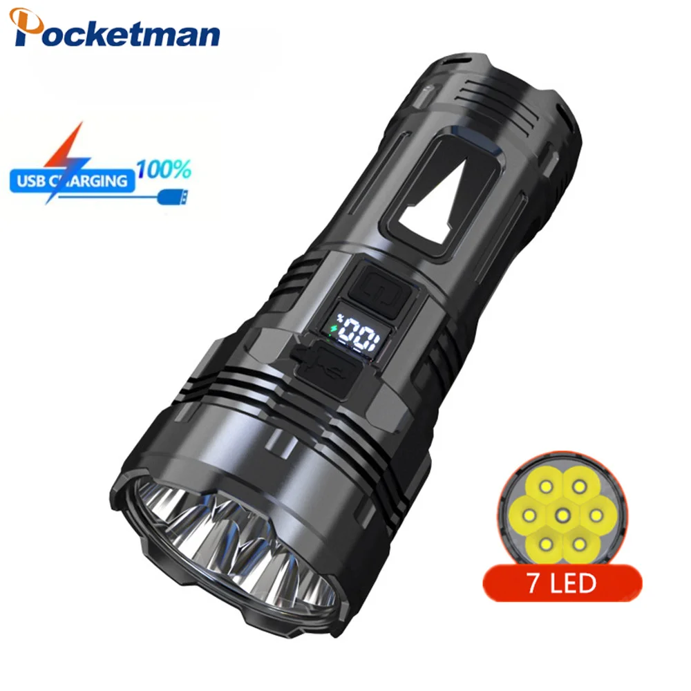 High Power 7*LED Flashlight Strong Light USB Rechargeable Torch with Side Light Lamp Waterproof Built in Battery Handlight