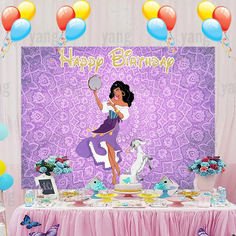 Disney CartoonThe Hunchback of Notre Dame Esmeralda Purple Backgrond Backdrops Girls Birthday Party Custom Backdrop Photography