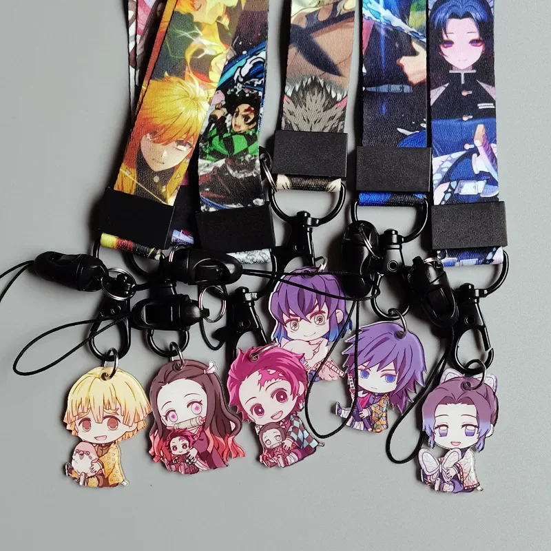 Demon Slayer Tanjirou Ribbon Rope Keychain for Phone Straps Bag Lanyard Anime Long Neck Straps ID Card Holder Accessories Gifts