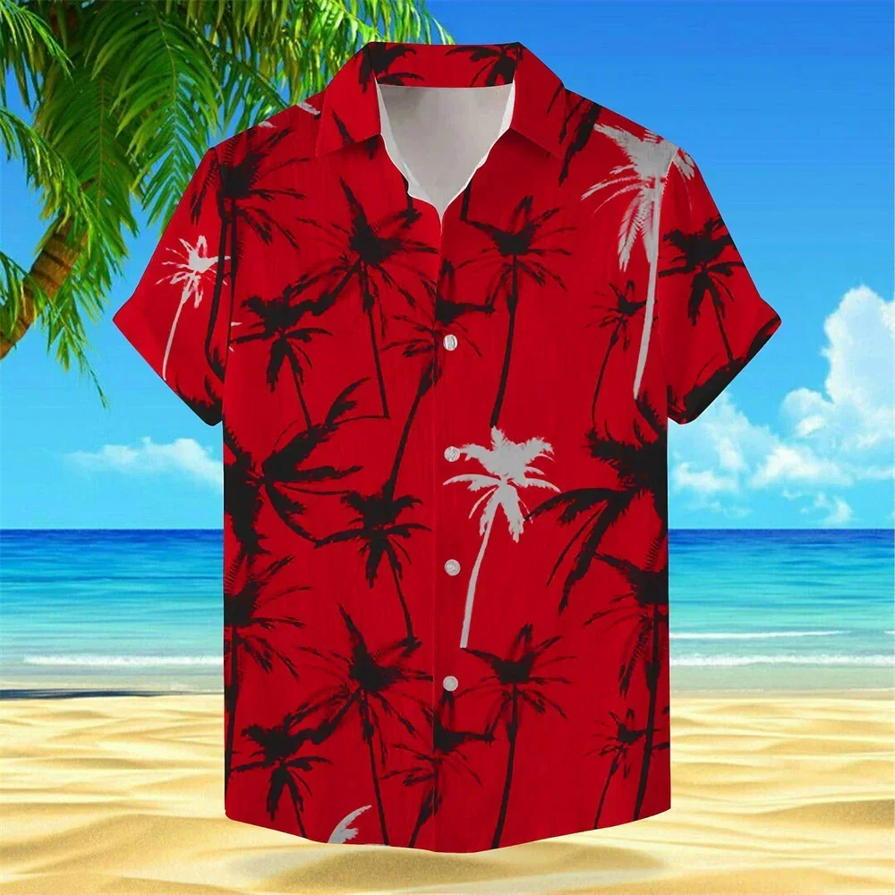 

Men's Coconut Tree Pattern Printed Shirt, Short Sleeve, Polo Neck, Single Breasted, Hawaii, Holiday, Outdoor Party, New Fashion