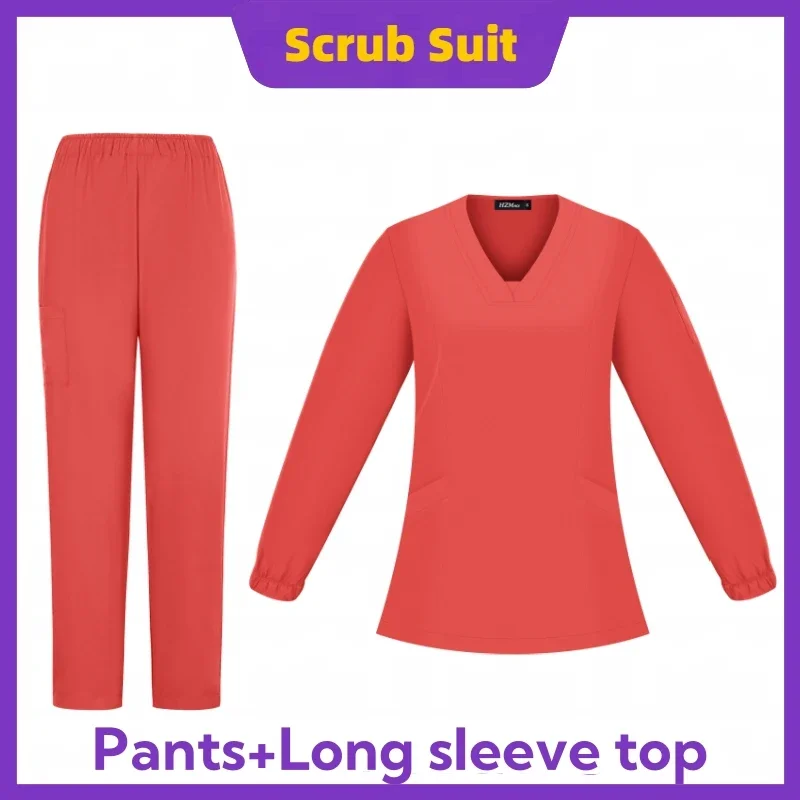 NOWOŚĆ Scrub Tops Pants V-neck Surgical Uniform Long Sleeved Surgery Clothes Suit Pet Grooming Nursing Scrub Set Dentistry Workwear