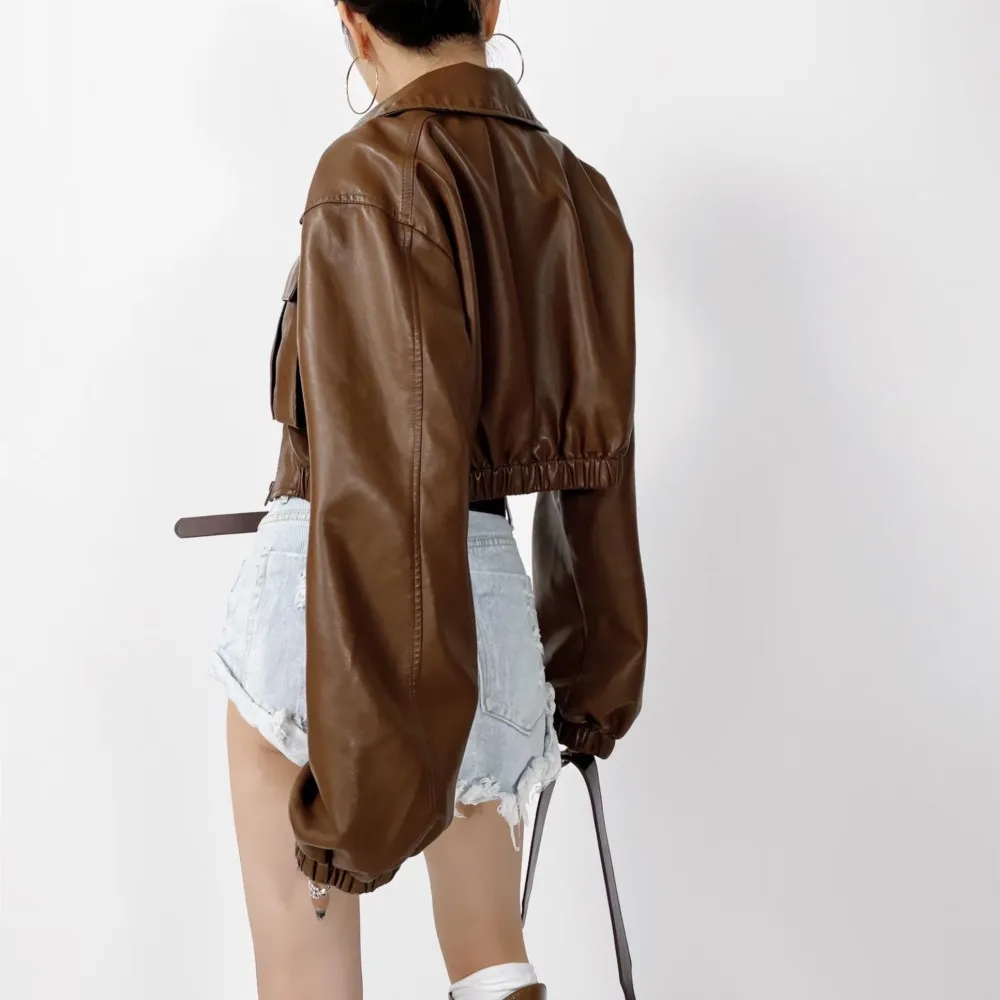 Chaqueta de cuero PU a cuadros para mujer, abrigo corto holgado de manga larga con bolsillos delanteros y dobladillo elástico, color negro y marrón,
