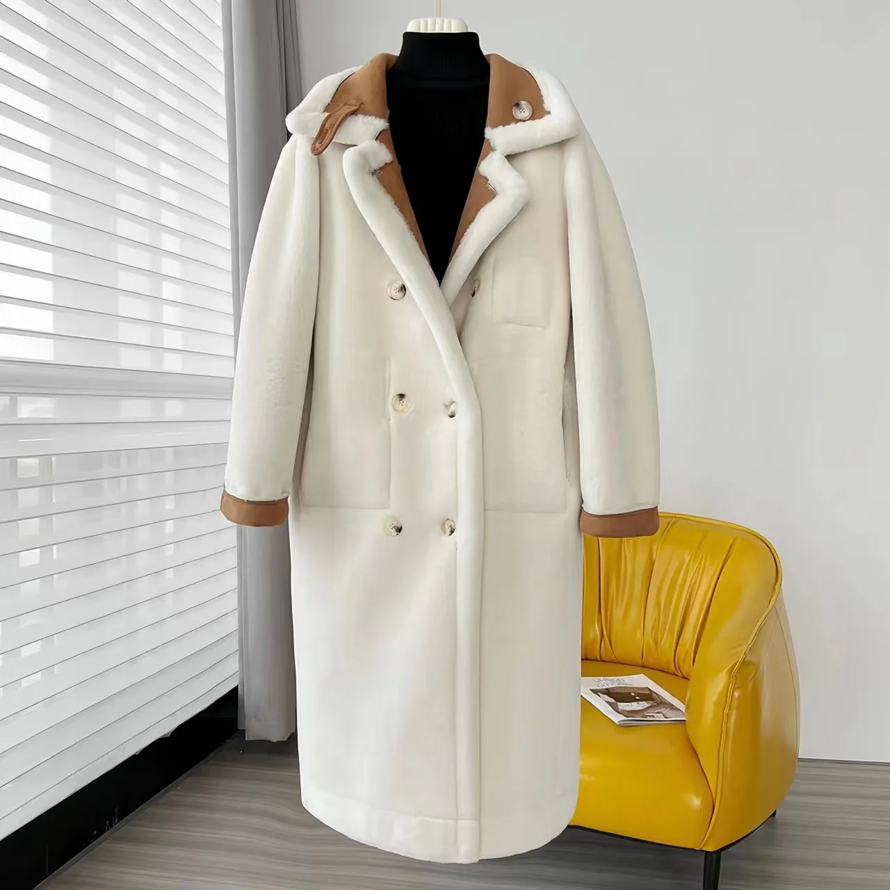 Double Breasted Suede Coats for Women, Faux Lamb Fur Jacket, Long Female Clothes,Loose, Warm Winter, High Quality, New