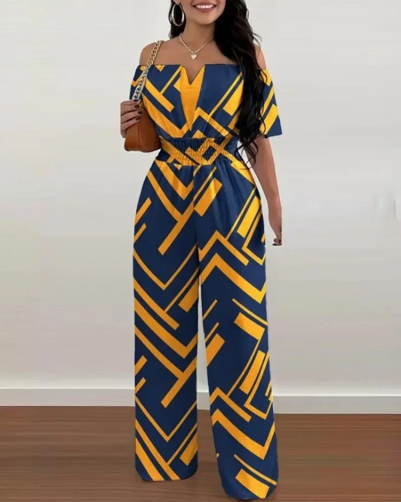 Jumpsuit untuk wanita mode musim semi Off bahu polos kasual lengan pendek Shirred pinggang harian panjang kaki lebar Jumpsuit 2024 OFE02