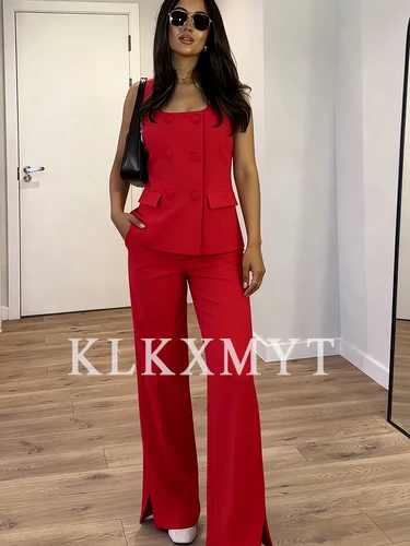 Imagen 2 del producto Conjuntos de 2 piezas para mujer, nueva moda, chaleco de oficina, Top + Pantalones de pierna recta divididos, traje Formal de dos piezas, conjunto para mujer