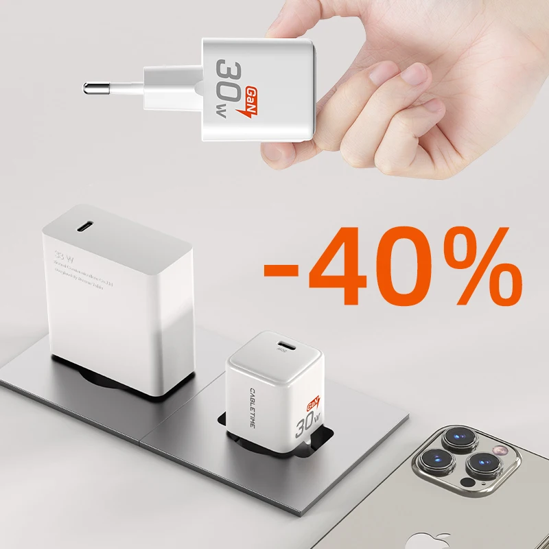 CABLETIME 30W GaN Charger PD Charger QC 3.0 Fast USB Type C Chargeing For iPhone 15 14 13 PD3.0 Phone iPad Huawei Charger