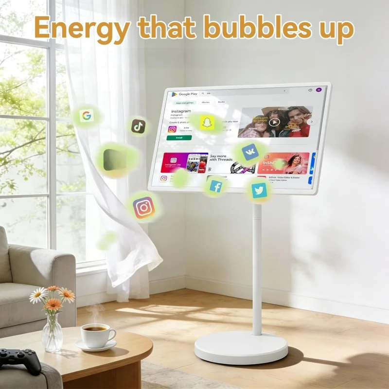 32-Inch Portable Smart TV on Wheels, Android 15, 8GB RAM, 20W Stereo Speakers, Full Swivel Stand, Voice Remote – M01 Vib