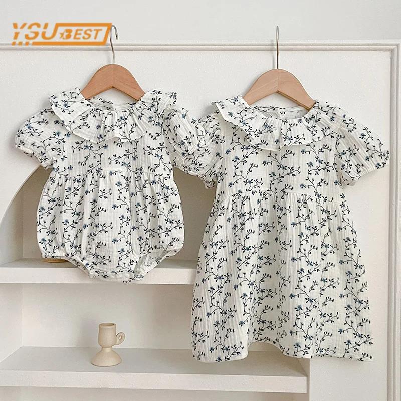 Summer New Kids Baby Girls Short Sleeve Sisters Print Dress Infant Rompers Kids Baby Girls Sweet Princess Clothes Rompers