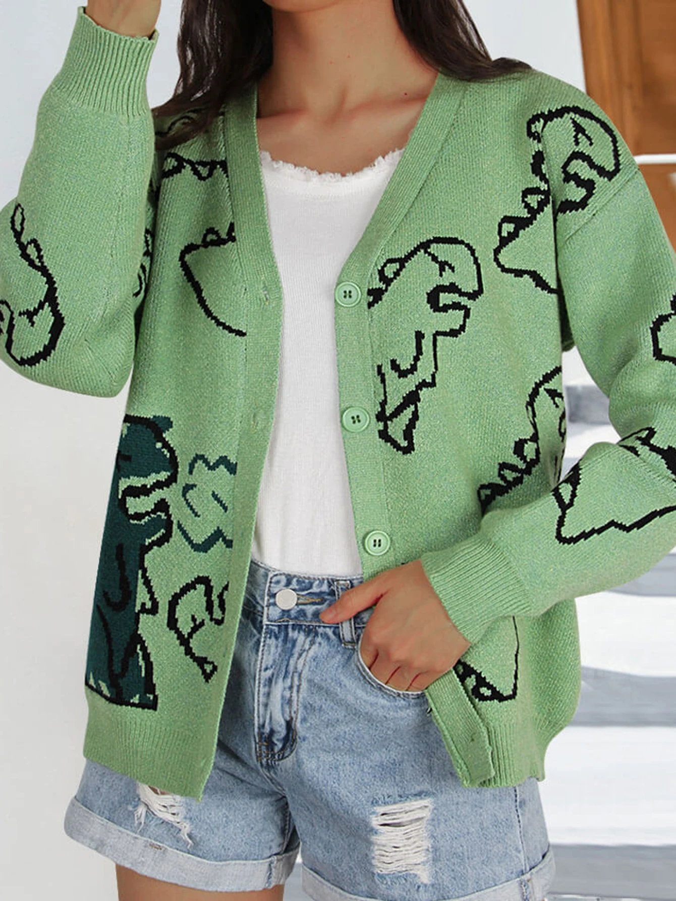 여성용 긴 소매 공룡 카디건 루즈핏 가을 겨울 스웨터 유럽 및 미국 스타일 패션