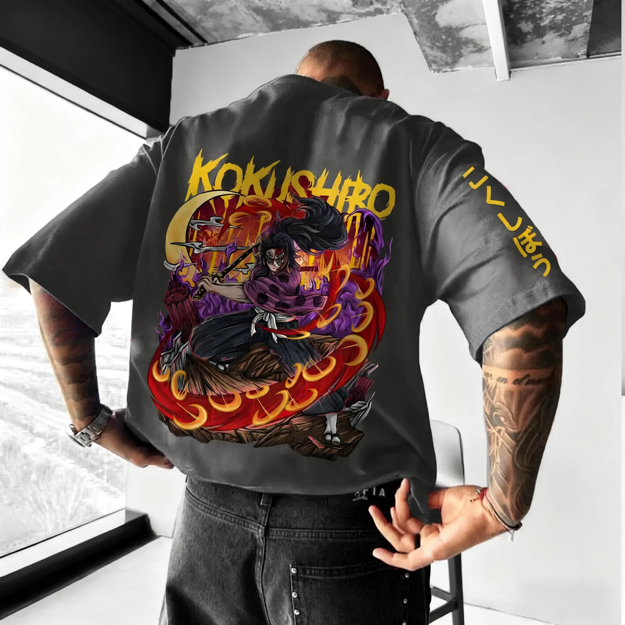 เสื้อยืดคอกลมแขนสั้นผ้าฝ้ายพิมพ์ลายอนิเมะดาบพิฆาตอสูรสำหรับผู้ชายและผู้หญิง สไตล์ลำลอง สปอร์ต และทันสมัย