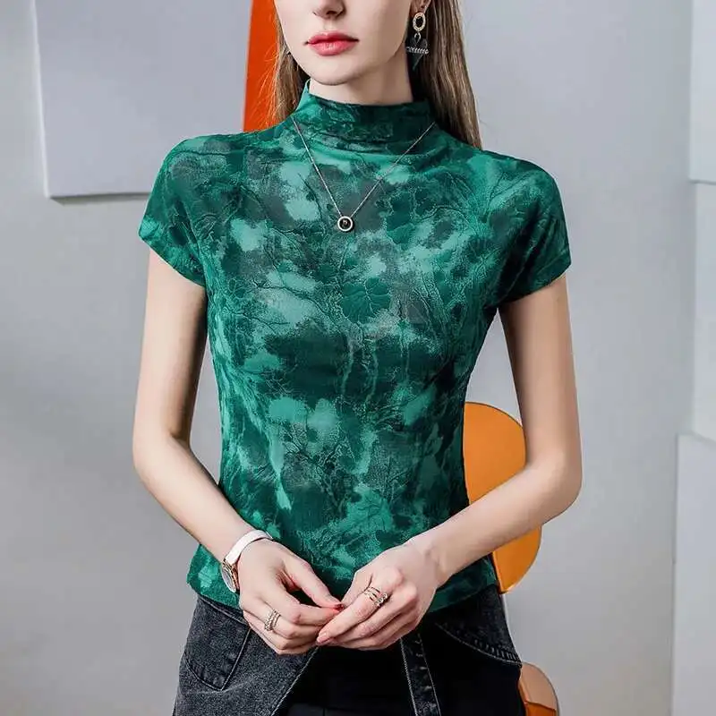 # 4402 Grün Vintage Kurzarm T Shirt Frauen Stehen Kragen Dünne Kurze T-shirt Damen Dünne Sexy Elastische T-shirt Beflockung