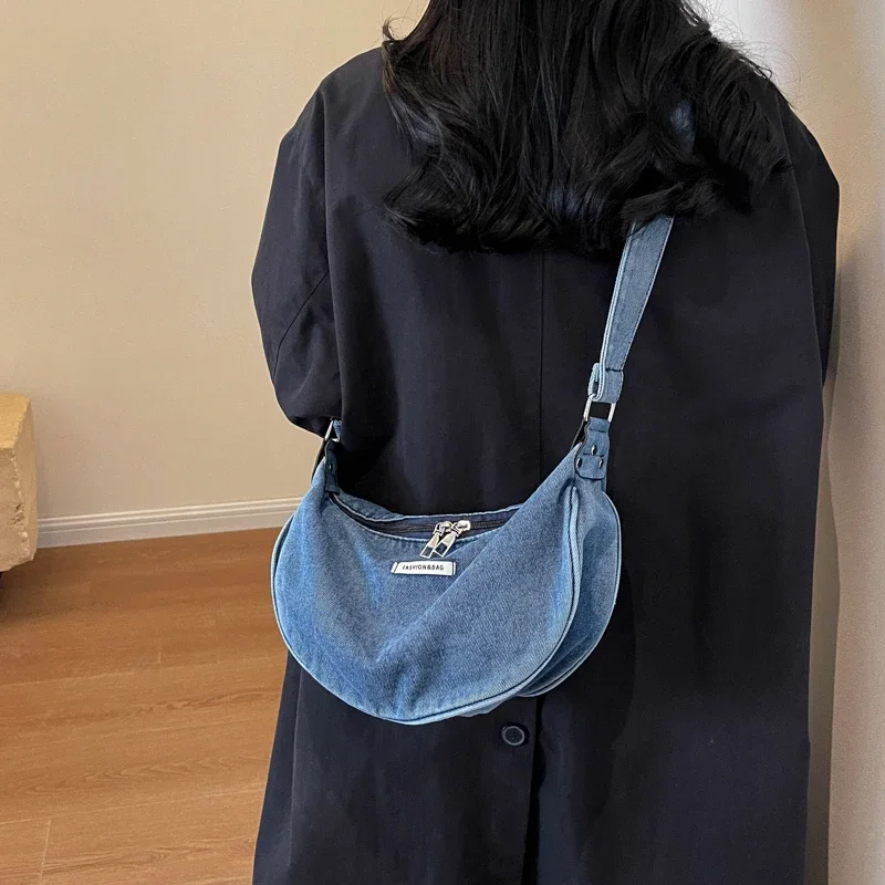 Denim Zipper Ladies Shoulder Bags Casual Sewing Thread 2024 Hot Sale Crescent Crossbody Bags for Women Bolsas Femininas