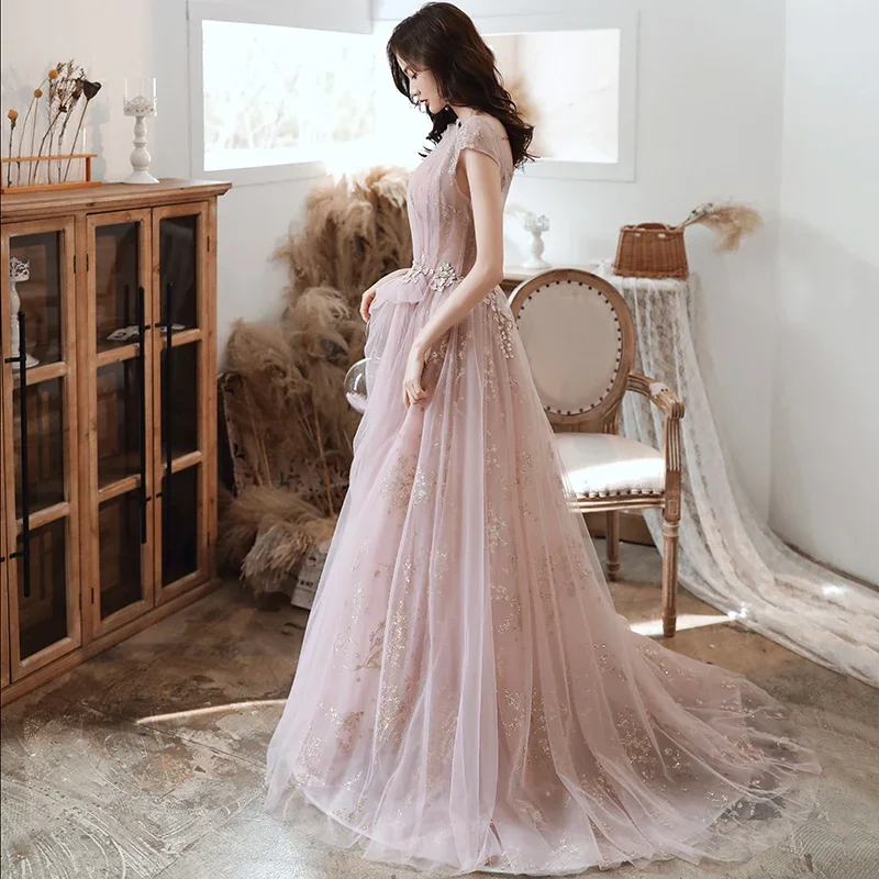 Evening Dresses Pink Golden Glitters Illusion Pleat O-neck Short Sleeves A-line Floor-length Plus size Women Party Formal Gowns