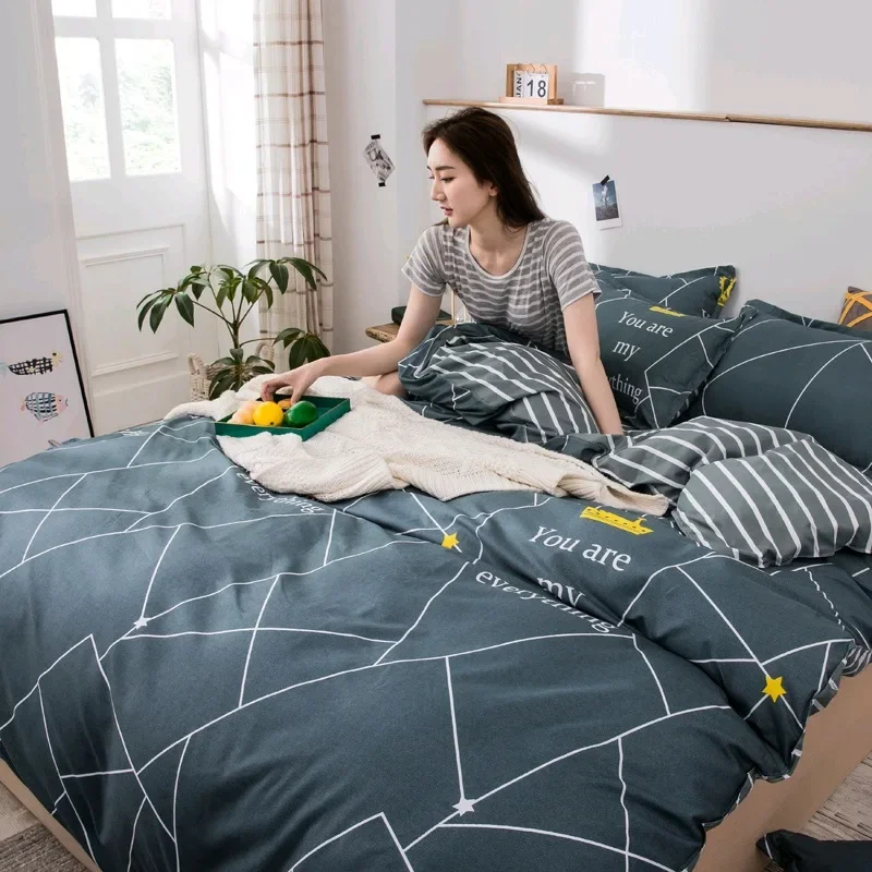 Fashionable Skin-Friendly Bedding Set: Duvet Cover Complete Sheets Pillowcase and Bedsheet Bed Full Double Sets Stitch Sheet