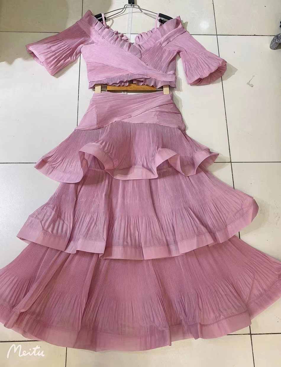 

Australian High Waist Dr Set with Pleated Slim Fit Top And Layered Lace Skirt for Young Women Summer Faion