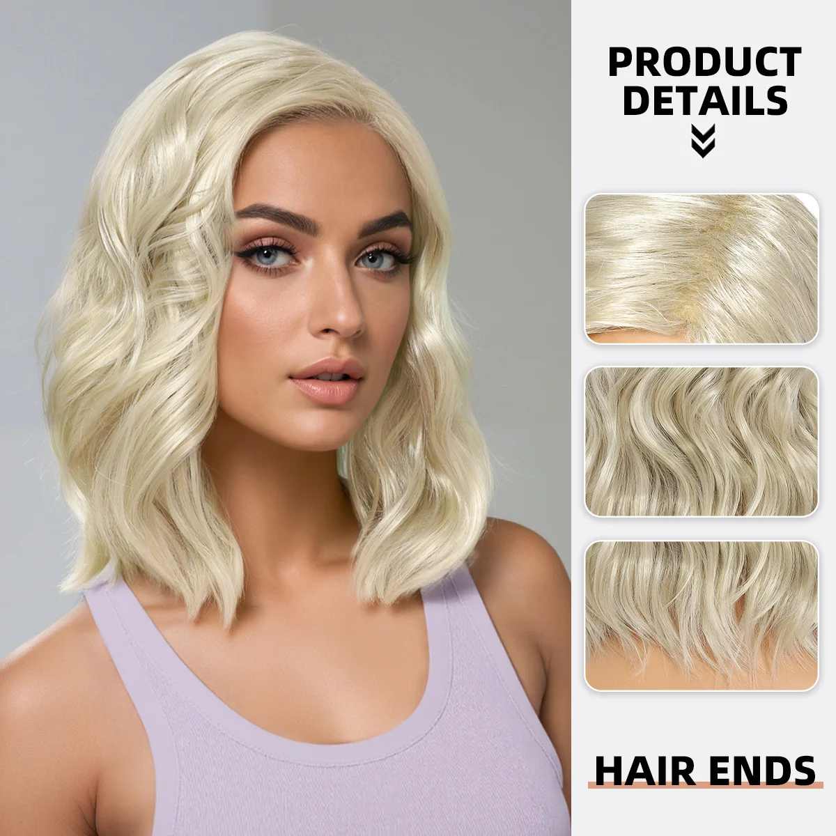 European and American fashionable women's short curly hair with water ripple and slanted bangs wig cover-Synthetic fiber wig