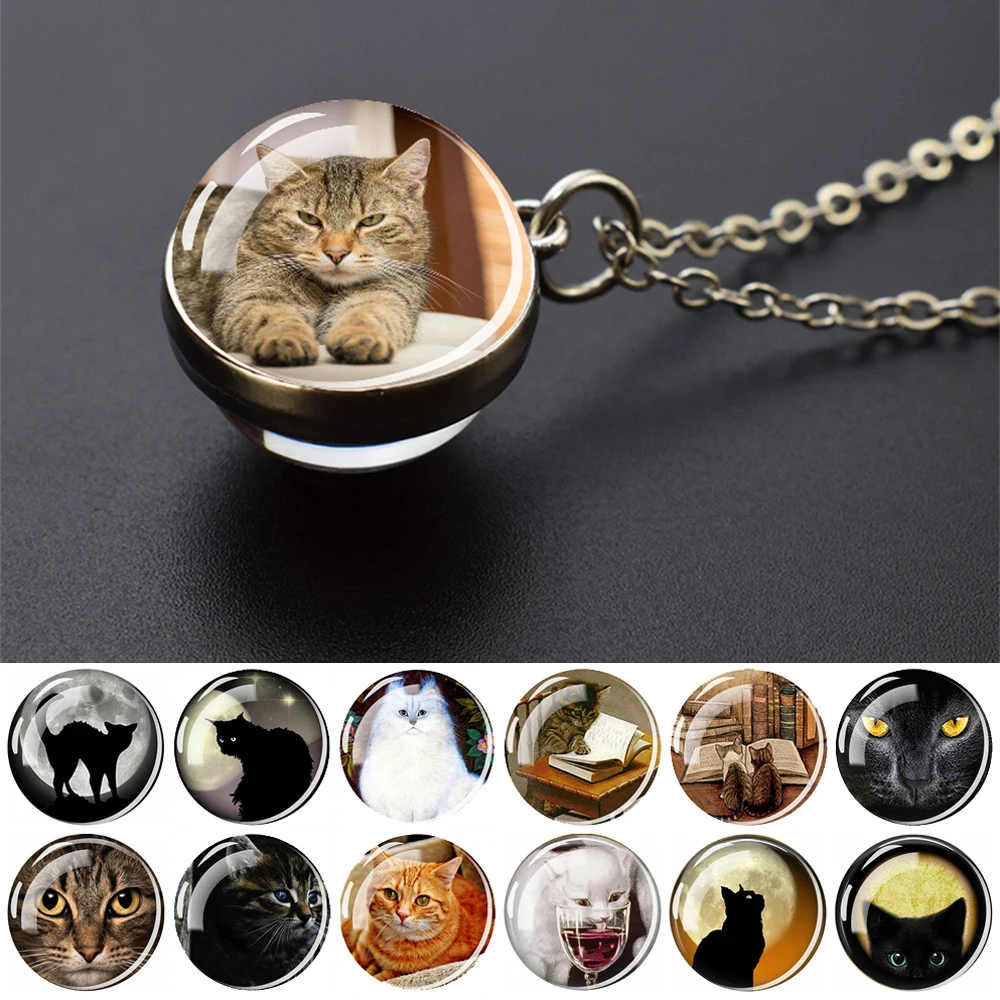 

Cute Cat Pendants Cartoon Black Cat Ginger Cat Dragen-Li Double Sided Glass Ball Pendant Necklace Men Women Animal Jewelry Gift