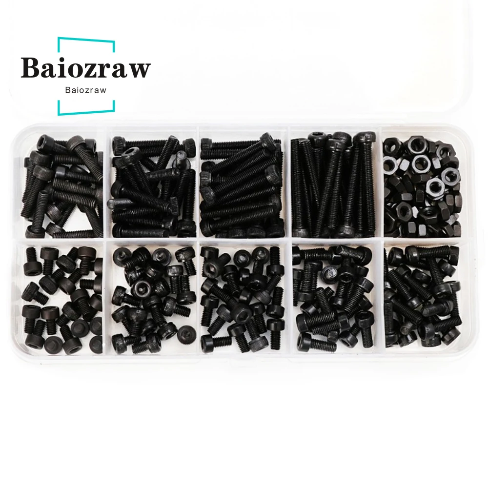 Vite per stampante 3D 280 pz/set M3 vite a testa cilindrica con esagono incassato dado DIN912 kit bullone cilindro esagonale in acciaio nero