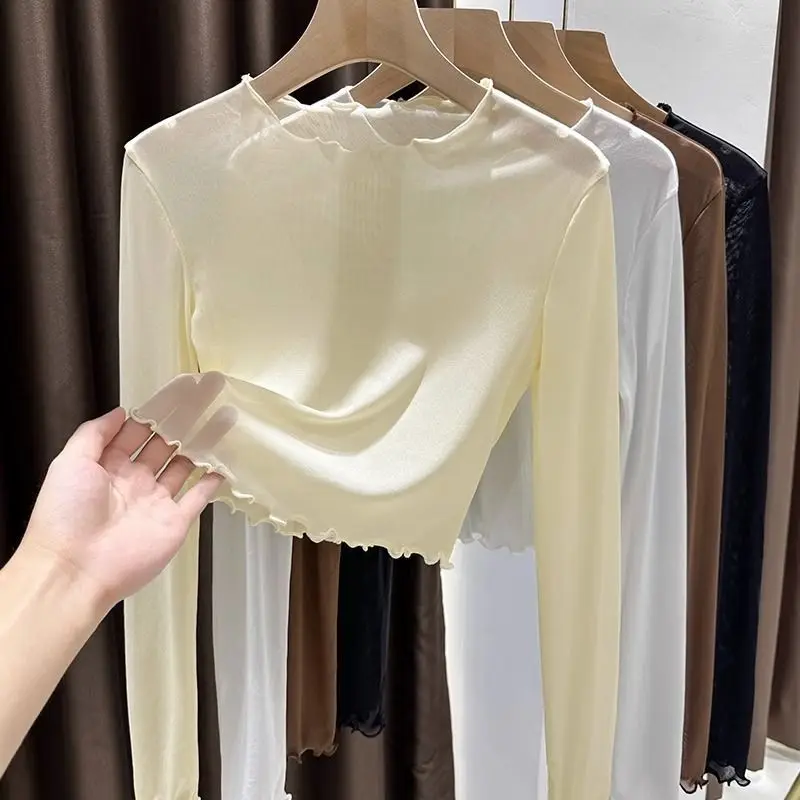 1pcs Spring Autumn Sexy Women T Shirt See Through Transparent Mesh Lace Tops Long Sleeve Sheer Slim Ladies Round-Neck T-Shirt
